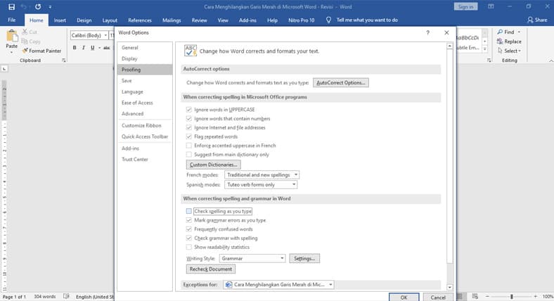 Cara Menghilangkan Garis Merah Pada Microsoft Word